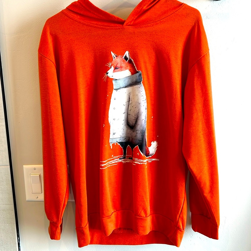 Orange lightweight hoodie, long sleeved t-shirt with funny fox in a coat, M